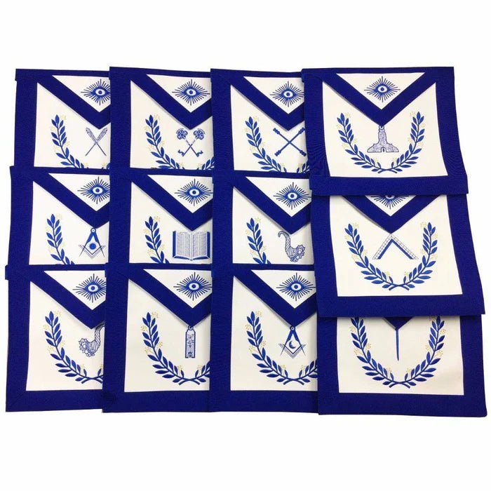 12x Officers Blue Lodge Officer Apron Set - Royal Blue Ribbon Hand Embroidery (Set of 12) - Luxe Regalia
