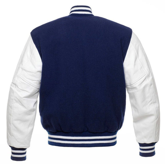 Men’s Navy Blue & White Varsity Jacket – Wool Body with White Leather Sleeves and Classic Striped Trim - Luxe Regalia