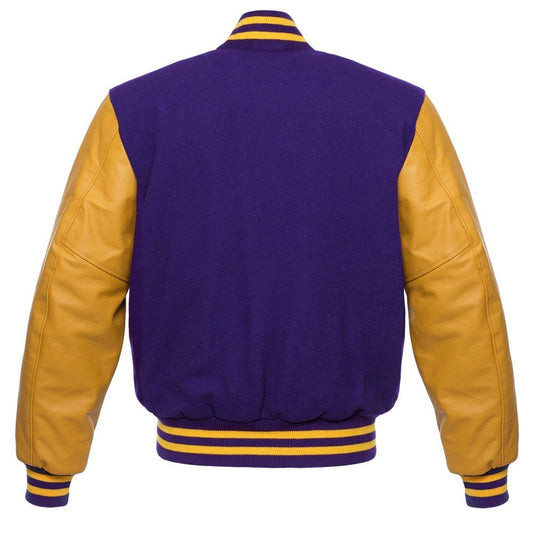 Men’s Purple & Gold Varsity Jacket – Wool Body with Gold Leather Sleeves and Striped Knit Trim - Luxe Regalia