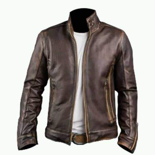 Men’s Vintage Brown Leather Biker Jacket – Distressed Look, Zip Closure, Stand Collar - Luxe Regalia