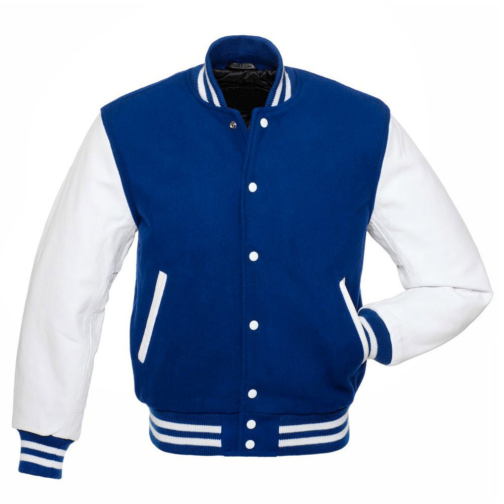 ROYAL WOOL and WHITE LEATHER Varsity Jacket - Luxe Regalia