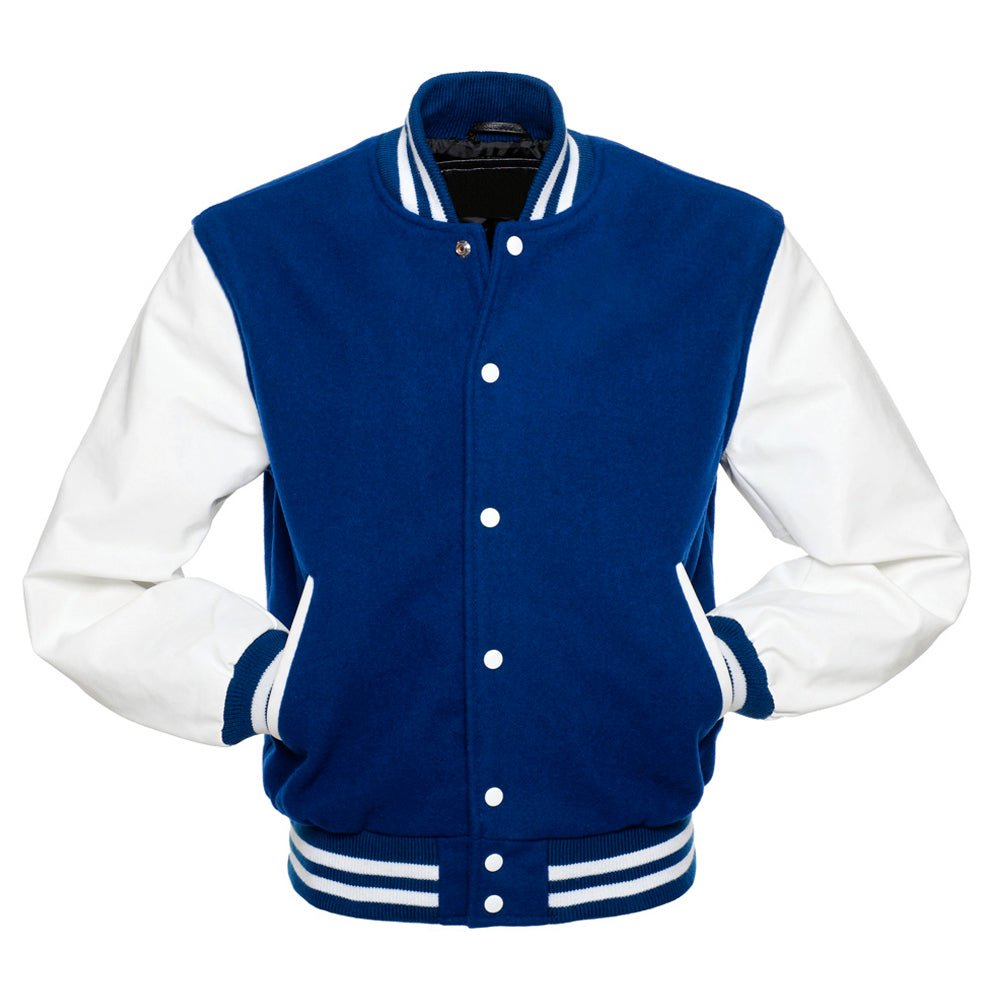 ROYAL WOOL and WHITE LEATHER Varsity Jacket - Luxe Regalia