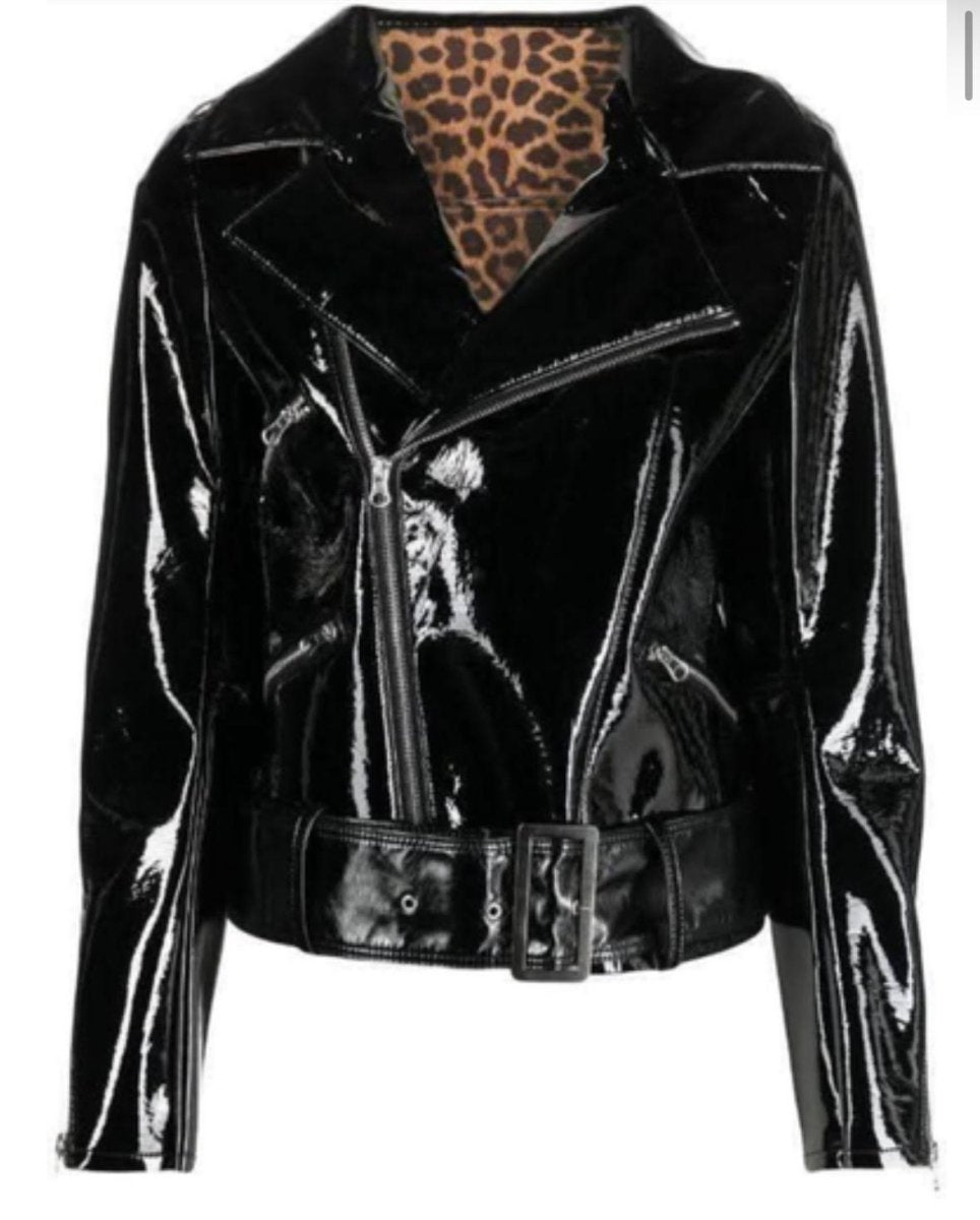 Women's Black Patent Leather Moto Jacket with Leopard Lining - Luxe Regalia