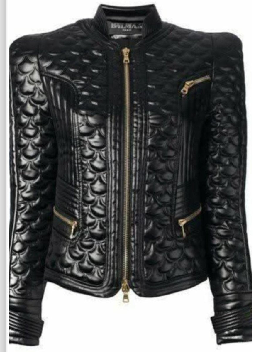 Women's Black Quilted Dragon Scale Leather Jacket - Luxe Regalia
