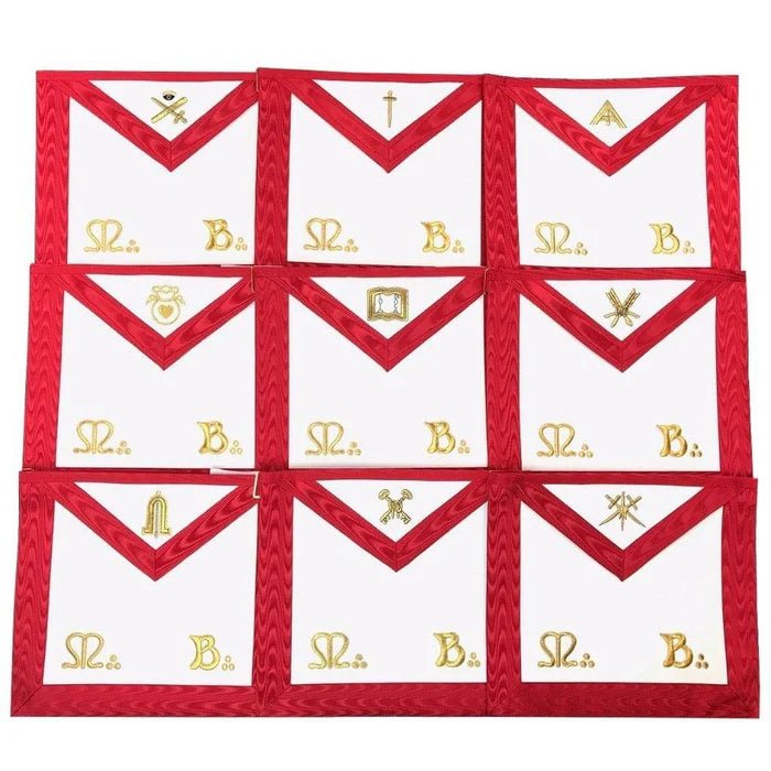 9x Officers Scottish Rite Officer Apron Set - Royal Red Moire Ribbon Machine Embroidery (Set of 9) - Luxe Regalia