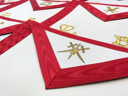 9x Officers Scottish Rite Officer Apron Set - Royal Red Moire Ribbon Machine Embroidery (Set of 9) - Luxe Regalia