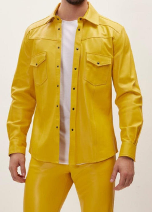Bold Yellow Leather Shirt Jacket - Genuine Leather Statement Piece - Luxe Regalia