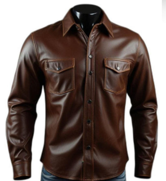 Classic Brown Leather Shirt Jacket - Genuine Leather Heritage Style - Luxe Regalia