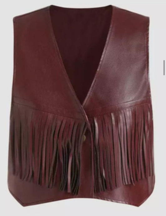 Genuine Leather Fringe Vest - Rich Burgundy - Luxe Regalia