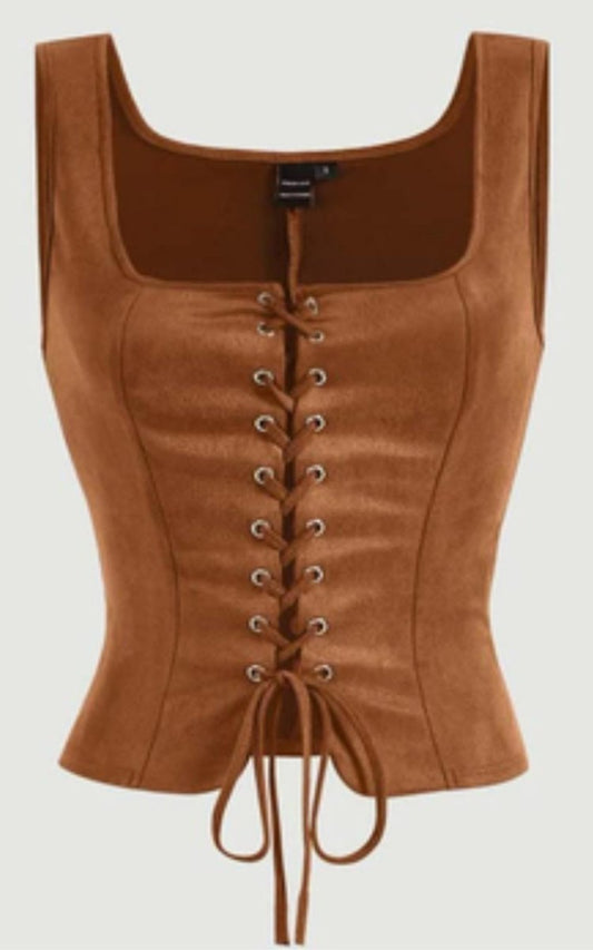 Genuine Leather Lace - Up Vest - Camel Brown - Luxe Regalia