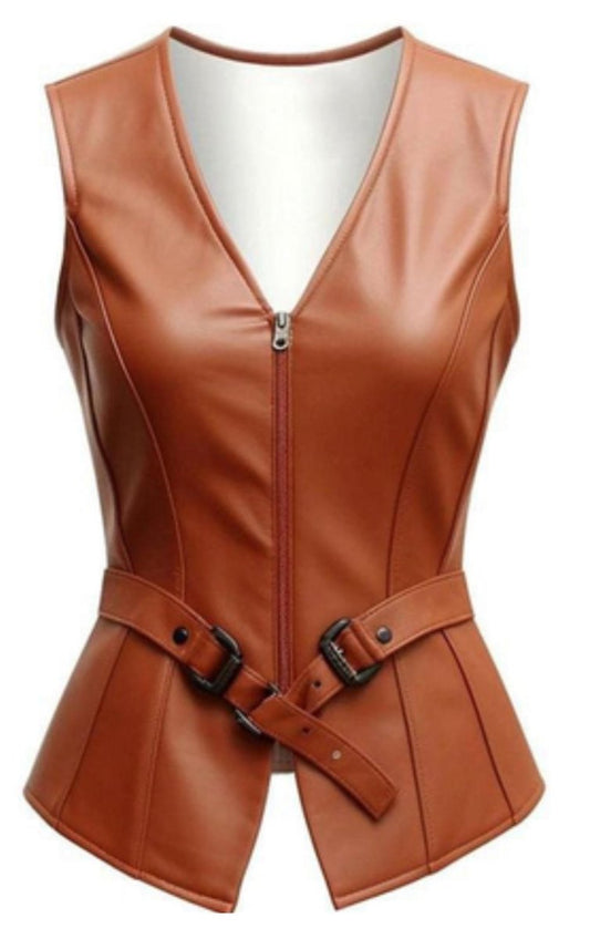 Genuine Leather Zip - Front Vest with Belt Details - Cognac Brown - Luxe Regalia