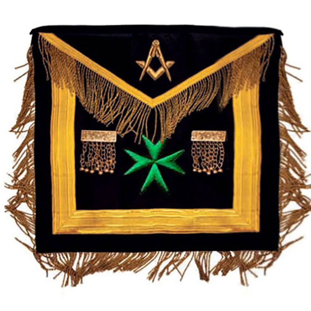 Malta-Style Very Worshipful Apron – Black, Green Cross & Gold Fringe - Luxe Regalia