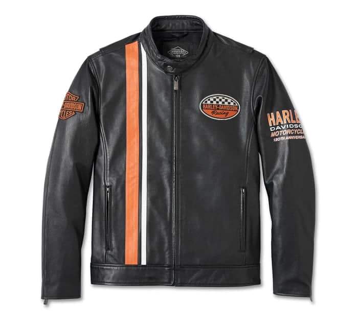 Men’s Harley - Davidson Racing Leather Jacket – 110th Anniversary Edition, Black with Orange & White Stripes - Luxe Regalia
