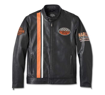 Men’s Harley - Davidson Racing Leather Jacket – 110th Anniversary Edition, Black with Orange & White Stripes - Luxe Regalia