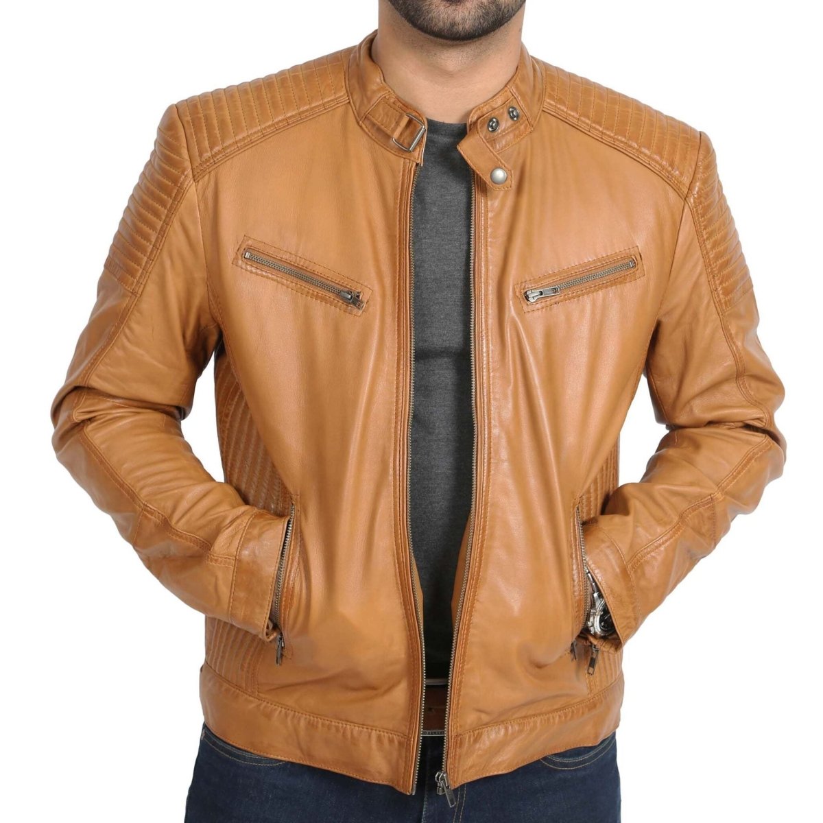 Ron Cafe Racer Mens Leather Cafe Racer Biker Jacket Ron Tan - Luxe Regalia