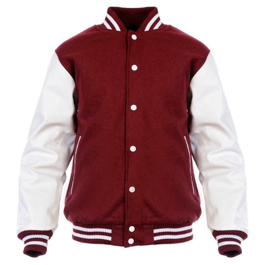 Men’s Maroon & White Varsity Jacket – Wool Blend Back with Genuine Leather Sleeves and Ribbed Trim - Luxe Regalia
