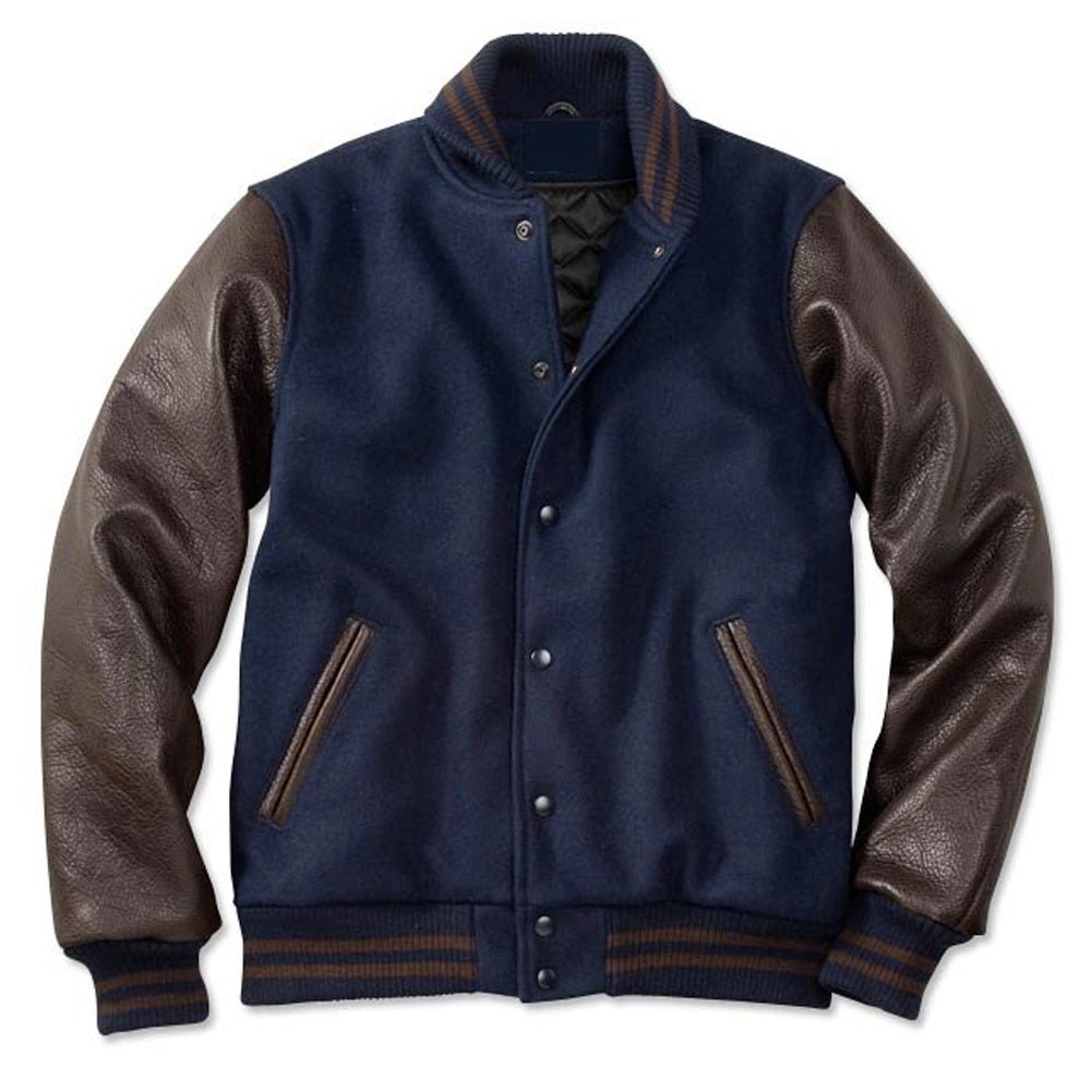 Men’s Navy Blue & Brown Varsity Jacket – Wool Body with Genuine Leather Sleeves and Quilted Lining - Luxe Regalia