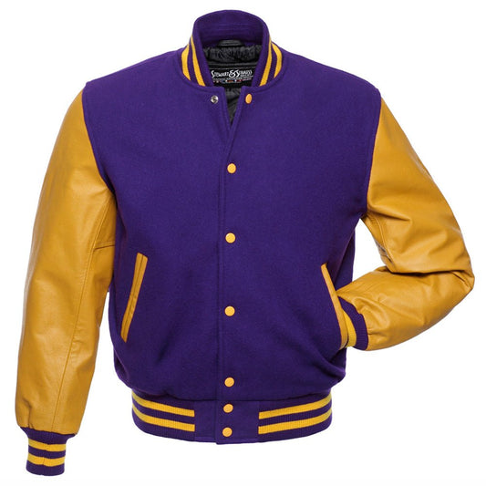 Men’s Purple & Gold Varsity Jacket – Wool Body with Gold Leather Sleeves and Striped Knit Trim - Luxe Regalia