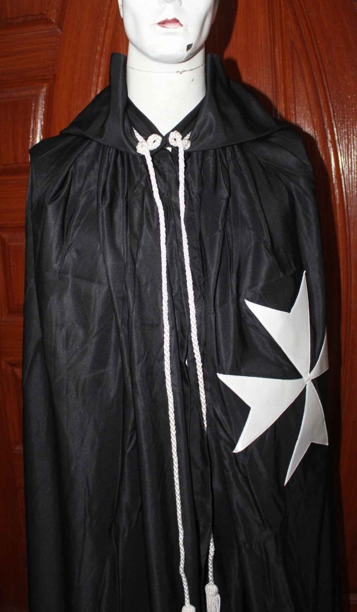 Order of Malta Commandery Mantle - Black with White Maltese Cross (with Hood) - Luxe Regalia