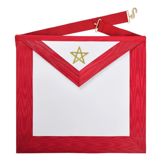 Red Moire Ribbon With Embroidered Gold Pentagram Excellent Master Apron - Allied Masonic Degrees (AMD) - Luxe Regalia