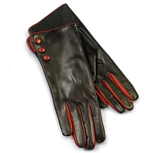 Sophisticated Leather Gloves with Red Accent Details - Luxe Regalia