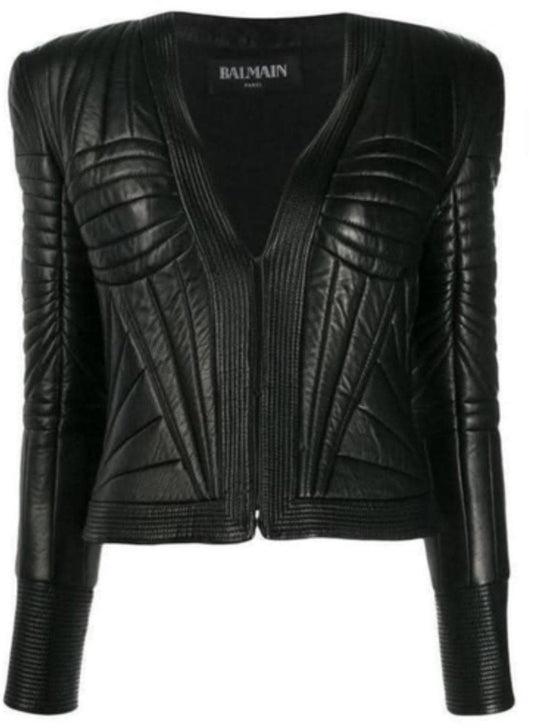 Women's Black Architectural Quilted Leather Jacket - Luxe Regalia