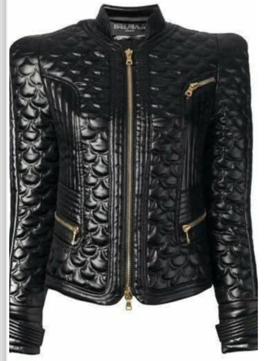 Women's Black Quilted Dragon Scale Leather Jacket - Luxe Regalia