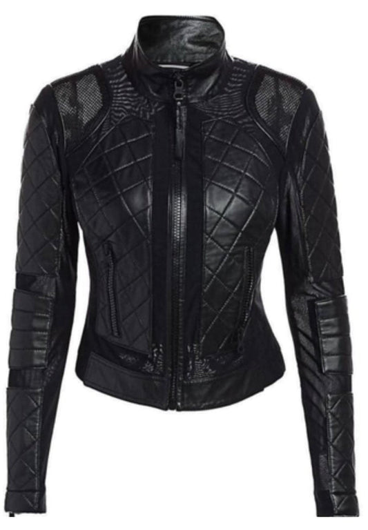 Women's Black Textured Quilted Leather Moto Jacket - Luxe Regalia
