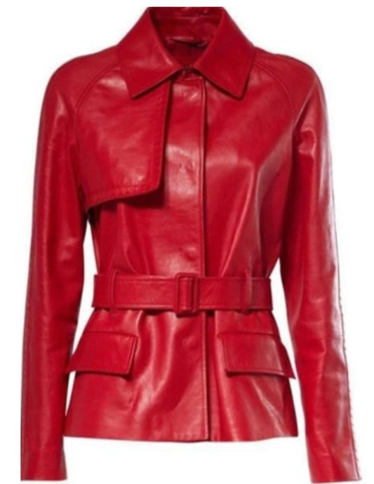 Women's Bold Red Genuine Leather Belted Jacket - Luxe Regalia