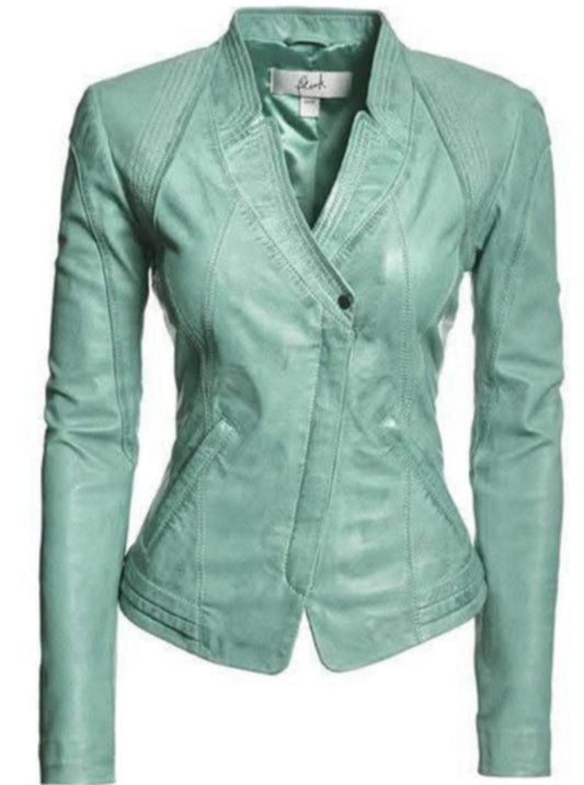 Women's Mint Green Tailored Genuine Leather Blazer Jacket - Luxe Regalia