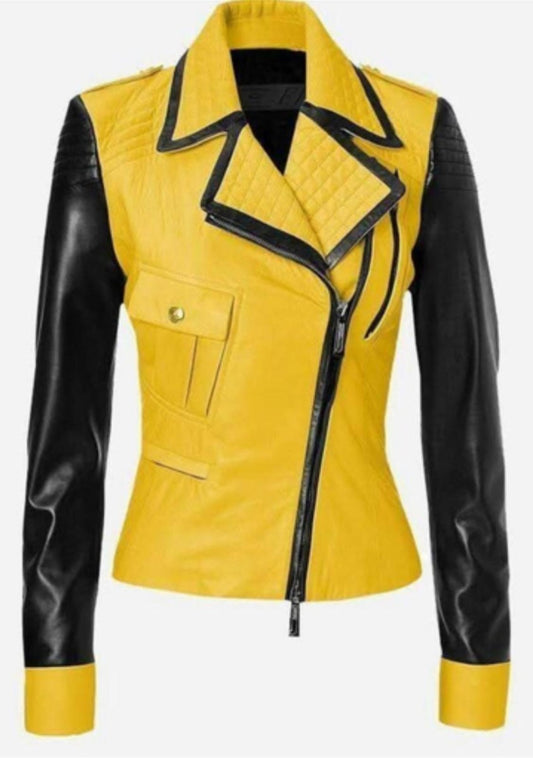 Women's Yellow & Black Colour - Block Quilted Leather Moto Jacket - Luxe Regalia