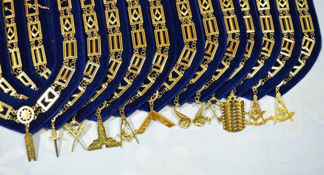 x12 Masonic Blue Lodge Officer Gold Chain Collars with Jewels - Luxe Regalia